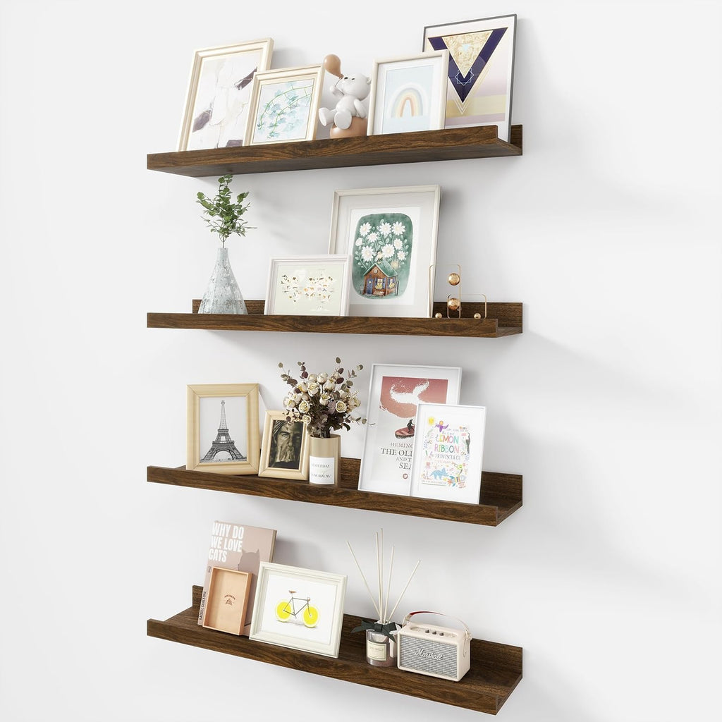 Picture Ledge Shelf, Wood Floating Shelves Set of 4, 24 inch Picture Ledge Shelves, Photo Ledge Nursery Book Shelves Wall Mounted for Living Room Kids' Room Bedroom, Color Walnut