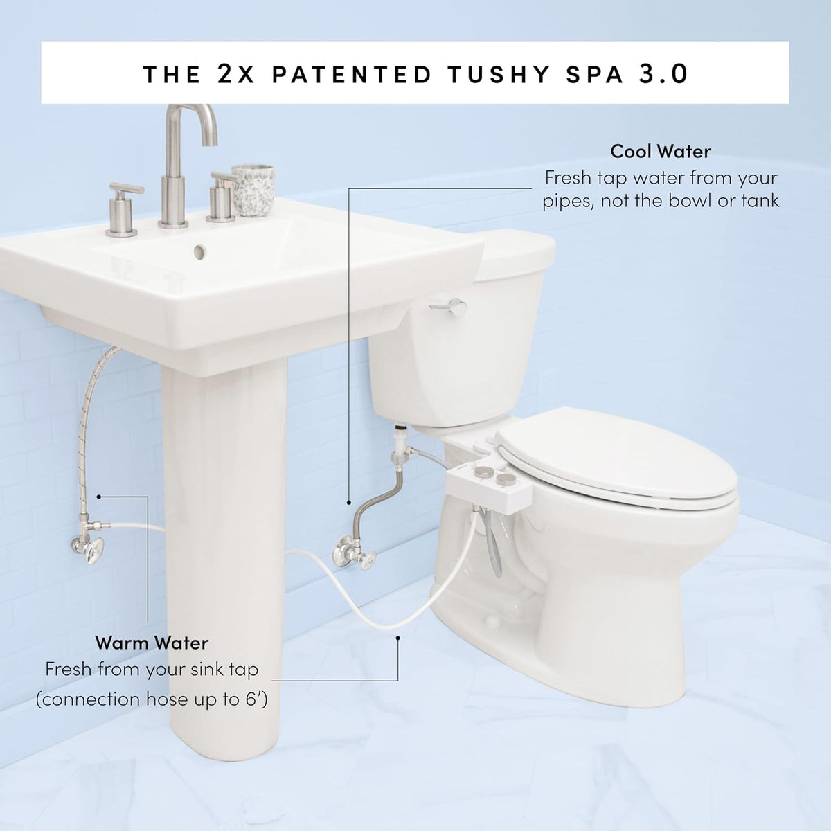 TUSHY Spa Warm Water Bidet Attachment for Toilet. Universal Fit, Easy Install (Requires Sink Access for Optional Temperature Control) Self Cleaning, Adjustable Pressure, Angle Control, Blue/Bamboo