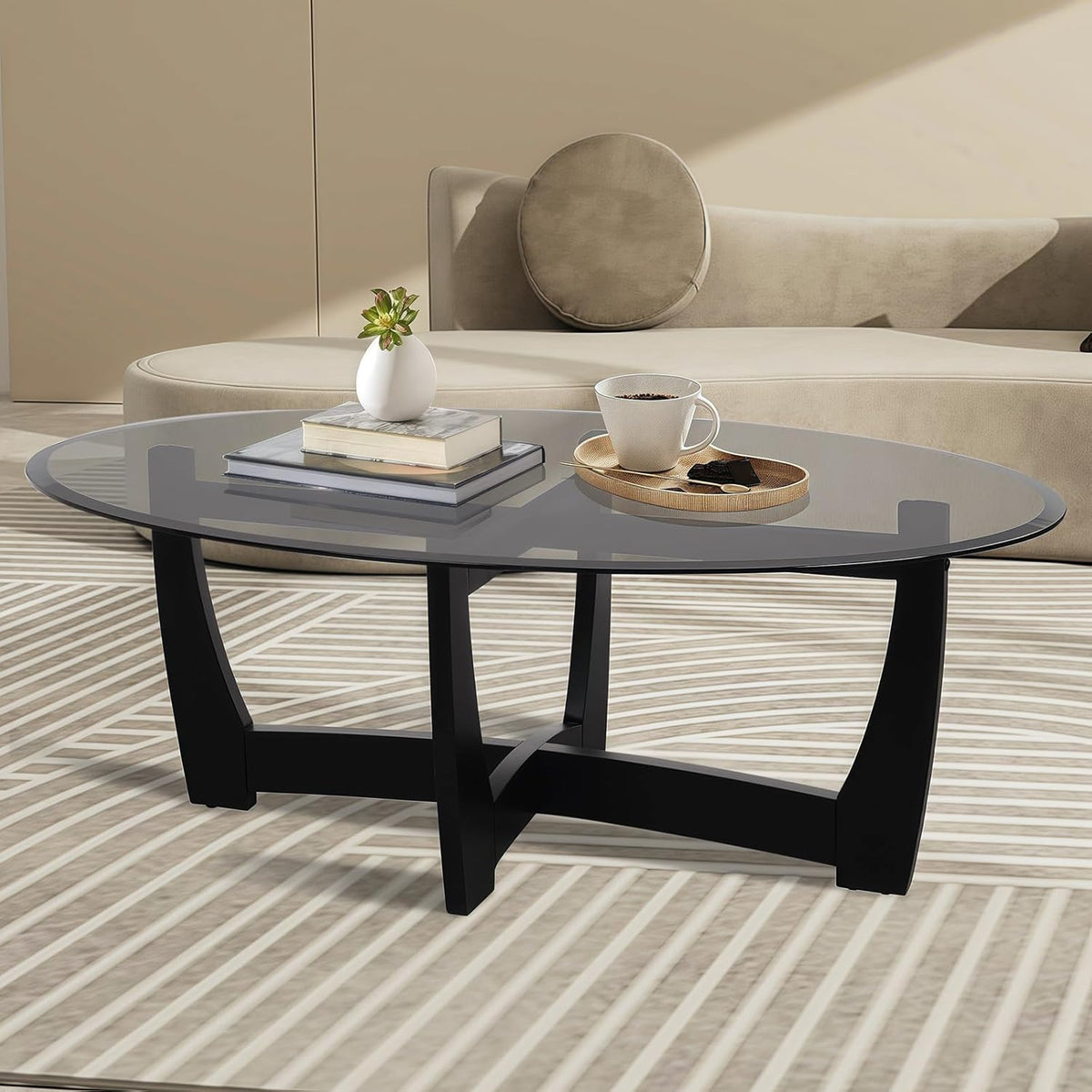 48" Oval Glass Coffee Table with Black Tempered Glass Top Cross and Solid Wood Base Simple & Modern Center Table for Living Room Office Apartment Black