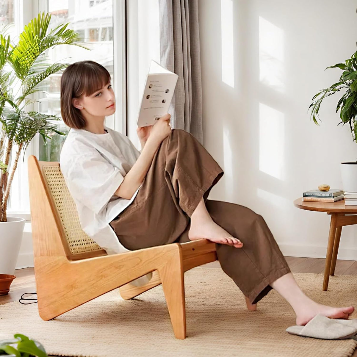 Rattan Accent Chair for Living Room, Mid Century Side Chair, Comfy Bamboo Chairs for Bedroom Reading Room, Wood