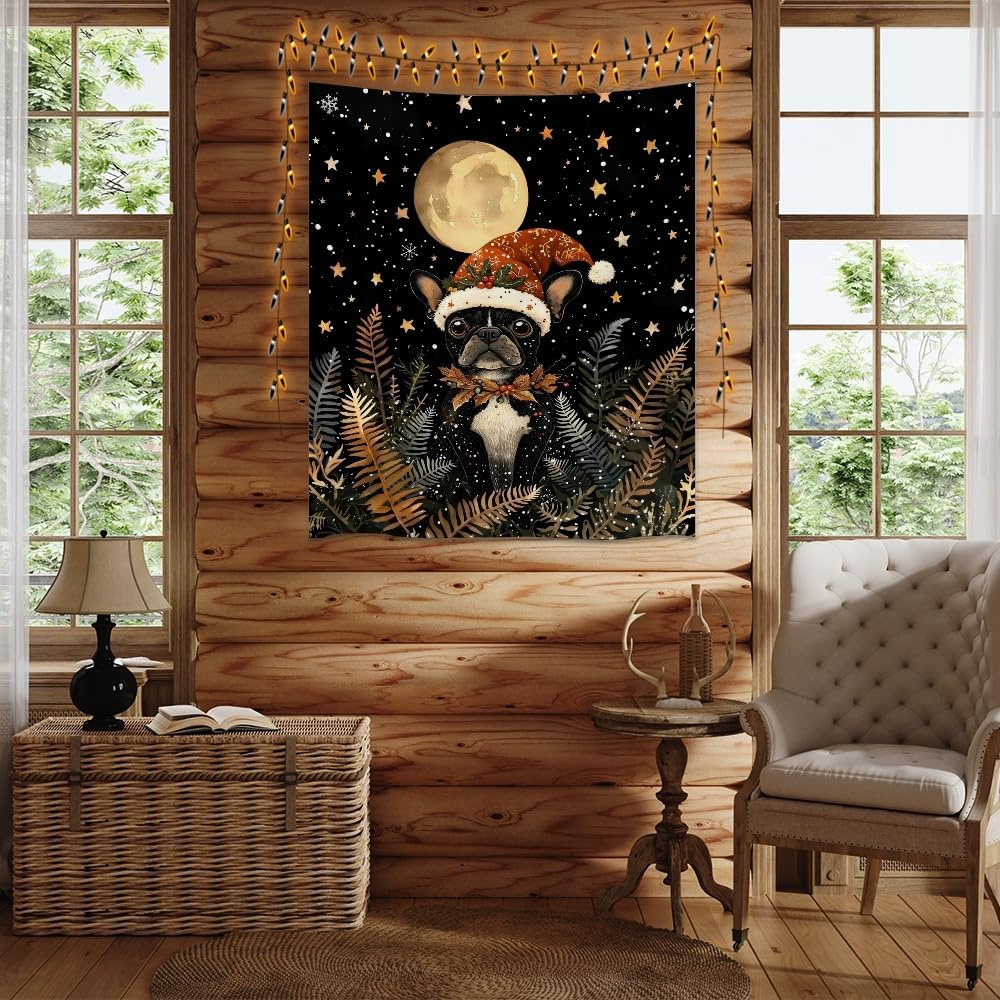 French Bulldog Christmas Tapestry Wall Hanging Cute Dog Santa Hat Moon Pictures Print Pet Lover Gift Funny Christmas Tapestries Aesthetic for Winter Home Nursery Kids Bedroom Decor 40x60inch