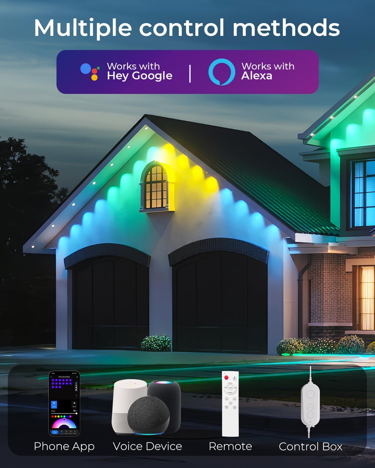CINOTON Permanent Outdoor Lights 100ft, Smart RGBW Eaves Lights with 72 LEDs, IP67 Waterproof, 111 Scene Modes for Daily and Festival, Halloween Christmas Party Holiday Decor, APP/Voice/Remote Control