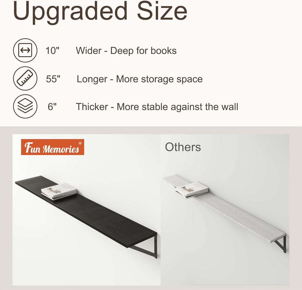 Floating Shelves 55 Inch Long, 10" Deep Floating Shelves, Black Wall Shelves 55 x 10, Set of 2, Wide Large Display Storage Shelves for Bathroom, Living Room, Rustic Wood Shelves with Brackets