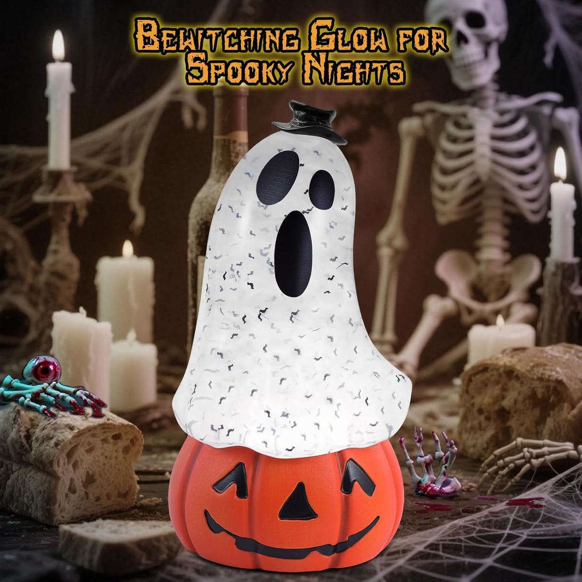 Halloween Snow Globe Lantern Spooky Glost and Pumpkin Halloween Snow Globes Musical Water Glitter Globe with 6H Timer Battery Operated or USB Powered for Spooky Home Decorations (Ghost and Pumpkin)
