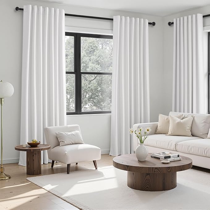 90 inch long 100% Blackout linen curtains 2 Panels set Beige White Window Drapes - Image 7