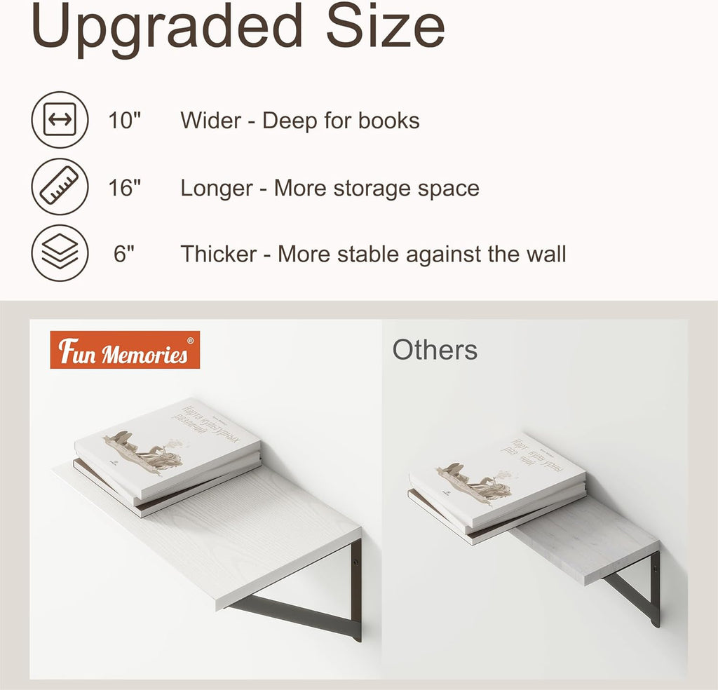 Fun Memories 10 Inch Deep Floating Shelves, White Floating Shelf 16 Inch Long, 16" W x 10" D Wall Shelves Set of 2, Deep Shelves for Books, Wide Floating Shelves for Bahtoom, Living Room, Kitchen