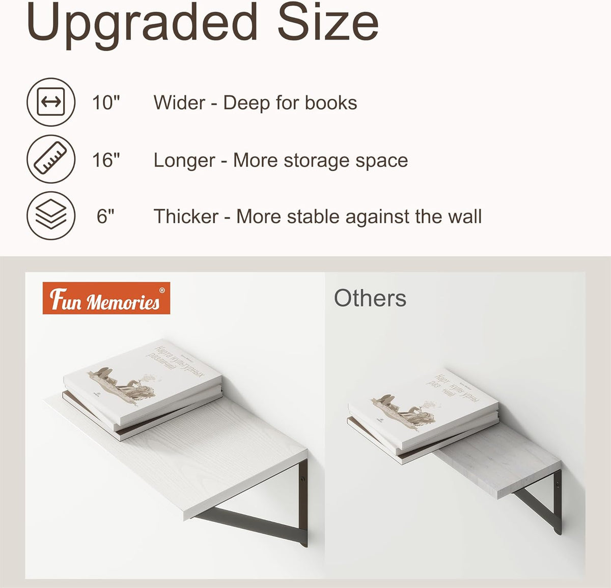 Fun Memories 10 Inch Deep Floating Shelves, White Floating Shelf 16 Inch Long, 16" W x 10" D Wall Shelves Set of 2, Deep Shelves for Books, Wide Floating Shelves for Bahtoom, Living Room, Kitchen