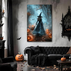 Vintage Moody Halloween Witch Artwork Wall Decor,Spooky Halloween Gothic Canvas Artwork Creepy Horror Witch with A Broom Pumpkin Bats Rustic Forest Picture,Dark Academia Poster,12"x18" Framed