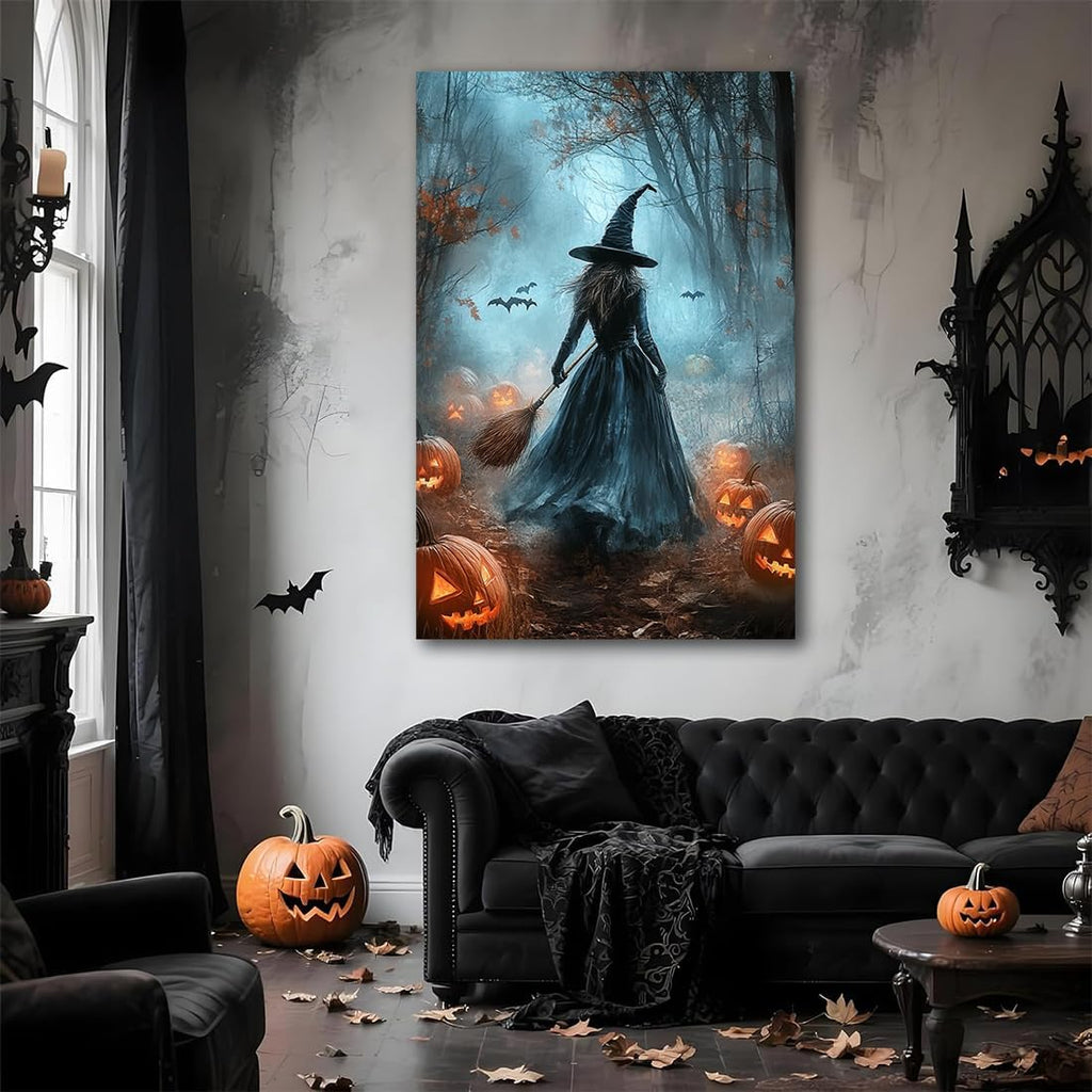 Vintage Moody Halloween Witch Artwork Wall Decor,Spooky Halloween Gothic Canvas Artwork Creepy Horror Witch with A Broom Pumpkin Bats Rustic Forest Picture,Dark Academia Poster,20"x30" Framed