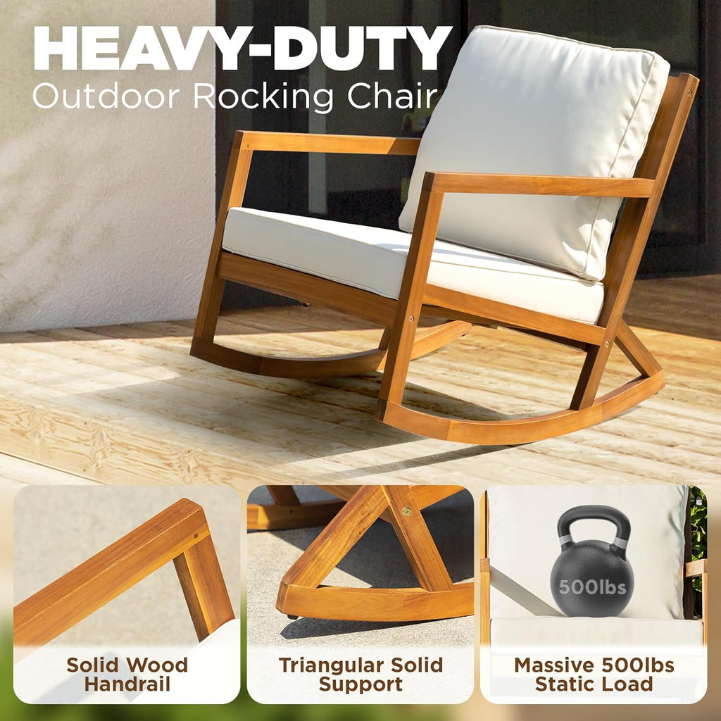 IDZO Club Rocking Chair 500lbs Capacity with Inclined Backrest, Thick Foam Cushion, Solid Acacia Wood Rocker for Patio, Backyard, Balcony, Porch