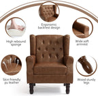 High Back Accent Chairs Set of 2,Upholstered Faux Leather Wingback Armchairs with Solid Wood Legs for Small Spaces,Comfy Single Sofa Chairs for Living Room,Bedroom,Office-Brown
