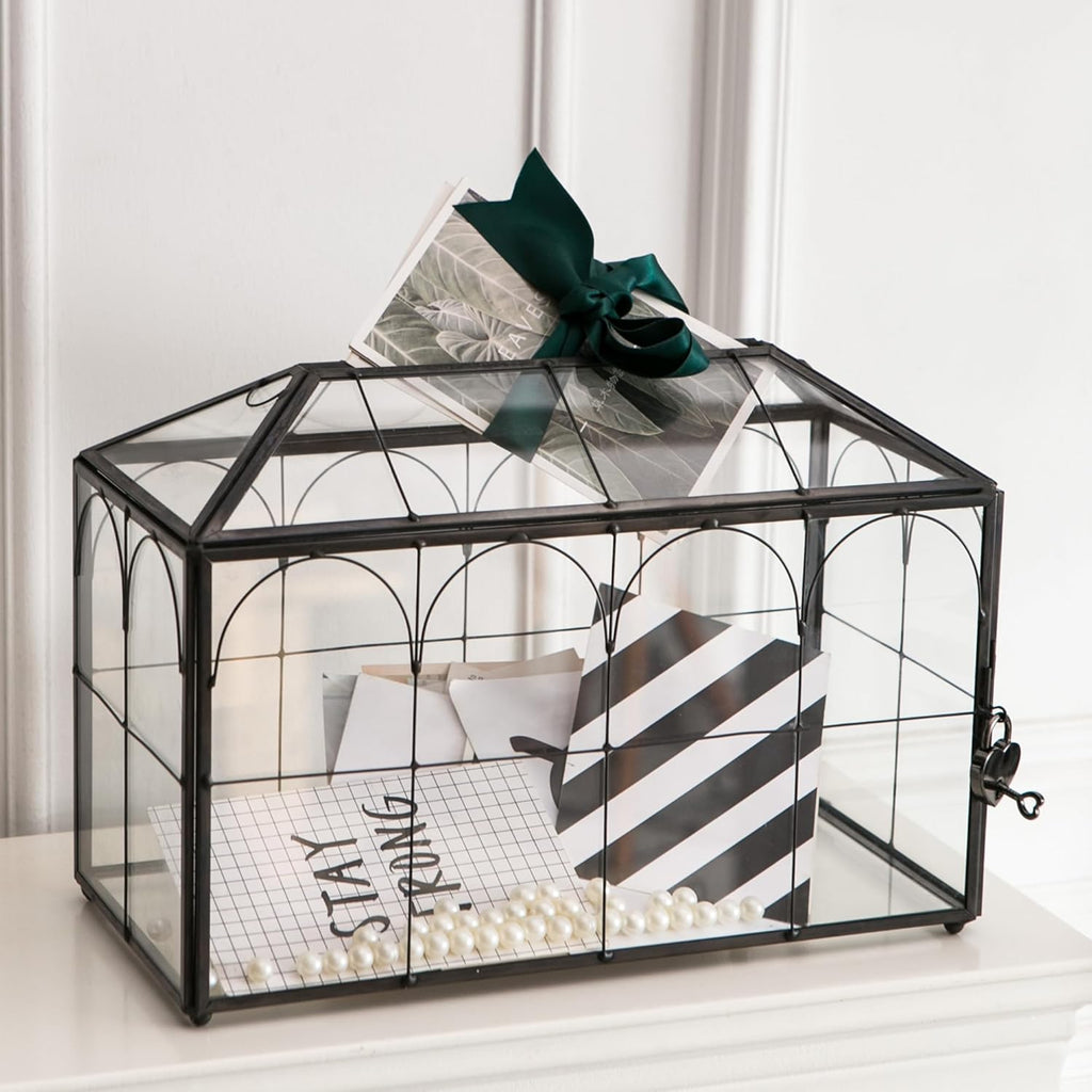 Wedding Card Box with Slot, 12.6'' Large Glass Card Boxes for Reception, Black Geometric Holder, Clear Decorative Storage Box with Lock for Baby Shower, Birthday Party, Christmas, Bridal Shower