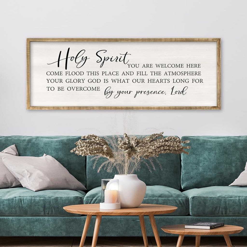Holy Spirit You are Welcome Here Wall Decor Art 40x15 Inch Large Christian Song Bible Verse Plaque Wood Framed Sign Living Room Scripture Quote Religious For Office Wall Hanging (Wood)