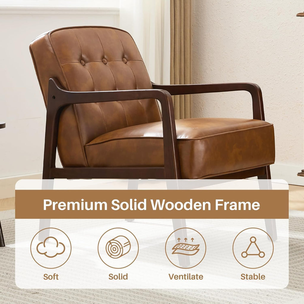Faux Leather Accent Chair Set of 2, Mid Century Chair for Living Room, Upholstered Comfy Lounge Armchair with Solid Wood Frame, Modern Chair for Bedroom,105°Ergonomic Comfort, Brown