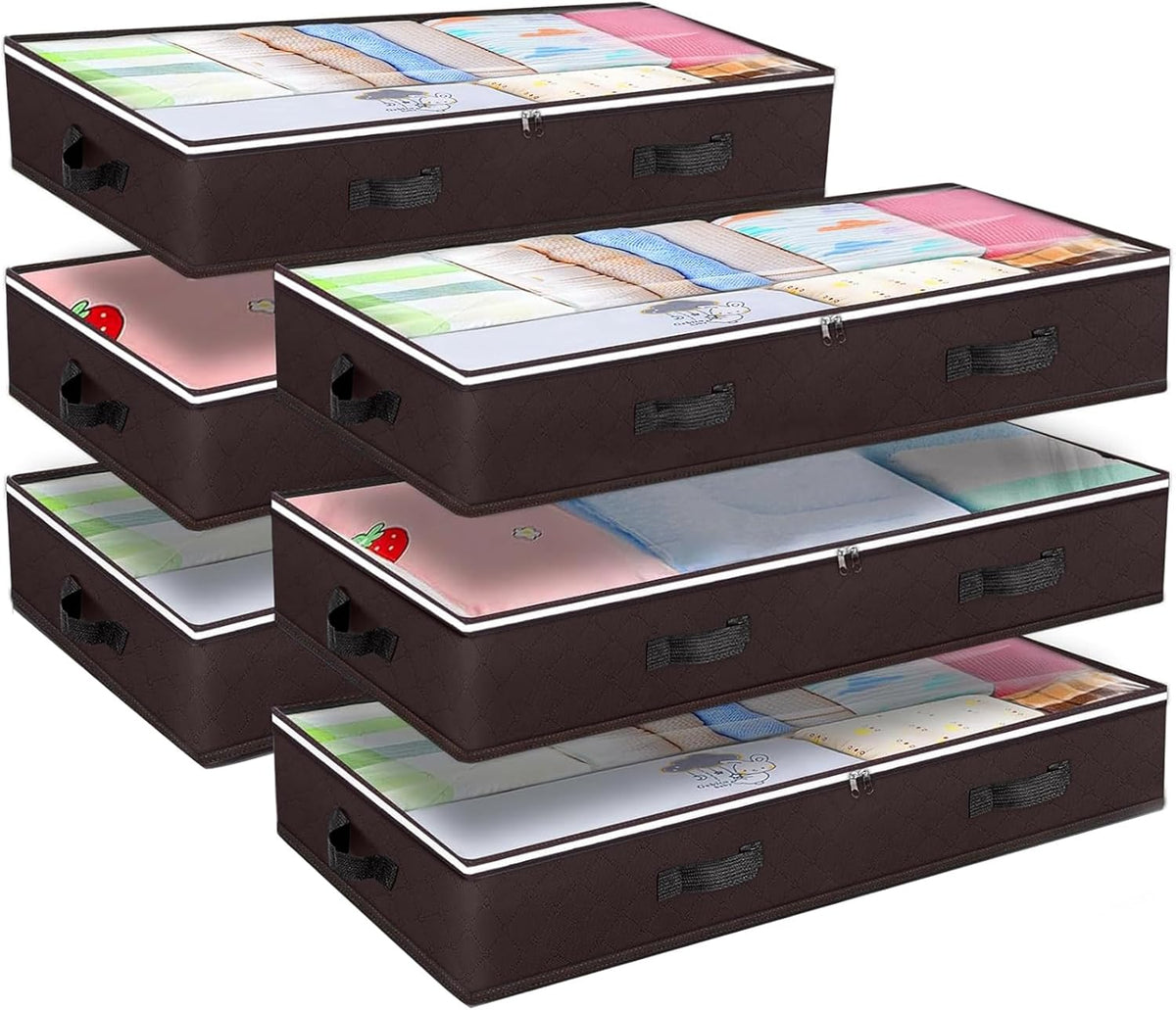 Budding Joy 6 Pack 90L Under bed Storage Containers Organizer Large Capacity Underbed Clothes Storage Bins Organization and Storage Bedroom Foldable Storage Bags with Clear Window Brown