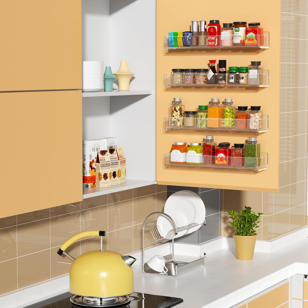 NIUBEE Wall Mounted Spice Rack Organizer,Clear Acrylic Spice Shelf Storage Holder,Hanging Seasoning Rack Organizer for Wall Kitchen 4 Pack