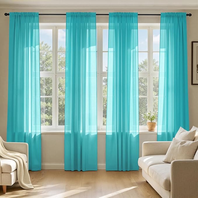 MIULEE Turquoise Sheer Curtains 108 Inches Long 4 Panels 42 x 108 Inches | by MIULEE