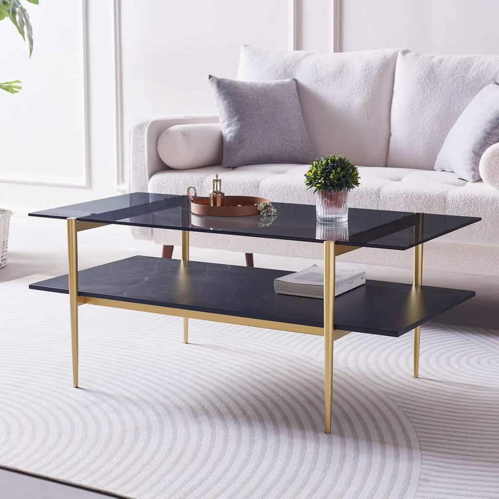 Rectangle Coffee Table for Living Room, Mid-Century Modern Design, L41 x W21 x H17, 2-Tier Structure, Clear Glass Top and Black Marble Wood Shelf, Conical Metal Legs with Gold Finish