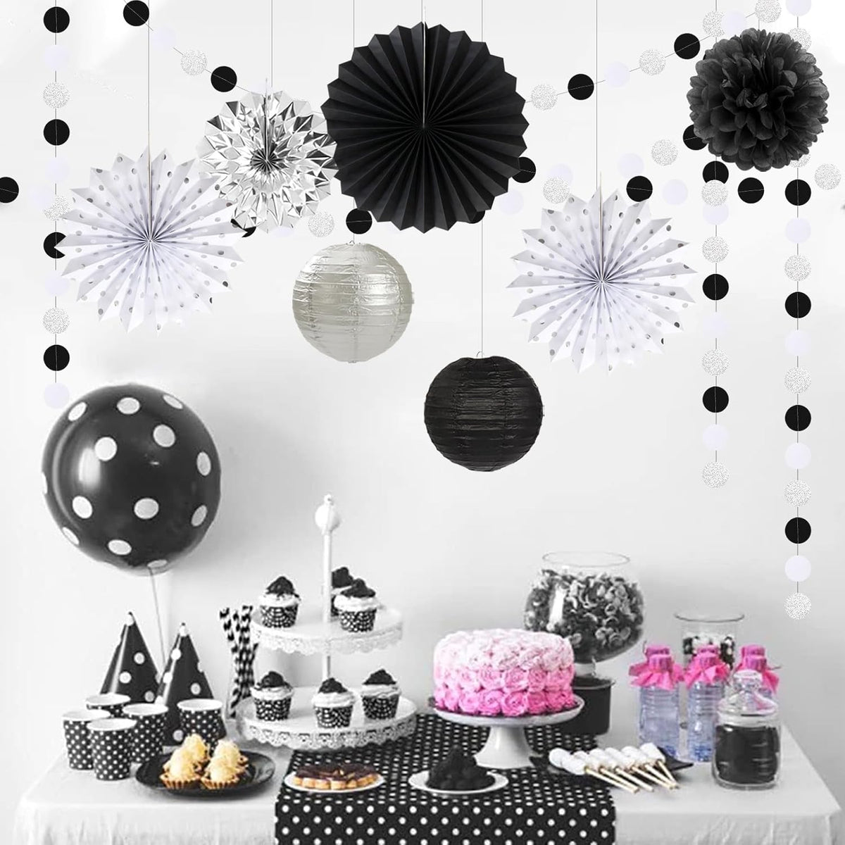Black White Silver Party-Decorations Streamers-Lanterns - 14pc New Years Graduation 2025 Paper Fan, Bachelorette Birthday Wedding Baby Bridal Shower Tissue Pom Poms,Honeycomb Balls Decor Ouruola