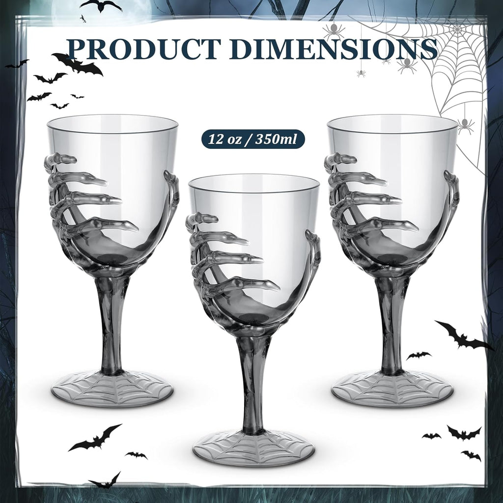 Dandat 6 Pcs Halloween Skeleton Hand Goblets 12oz Clear Plastic Halloween Cups Skull Wine Glass Set for Creepy Spooky Party Decorations (Black)