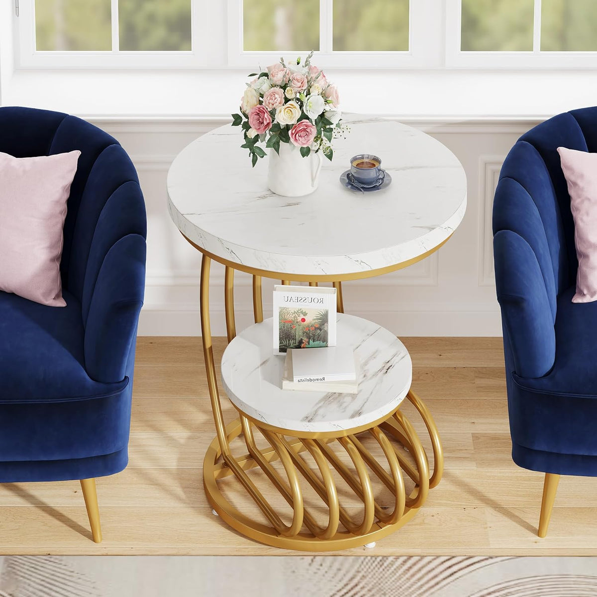 Tribesigns Gold Round End Table: 2 Tiers Side Table Set of 2 with Storage Shelf, Modern White Gold Bedside Nightstand, Metal Faux Marble Accent Table for Living Room