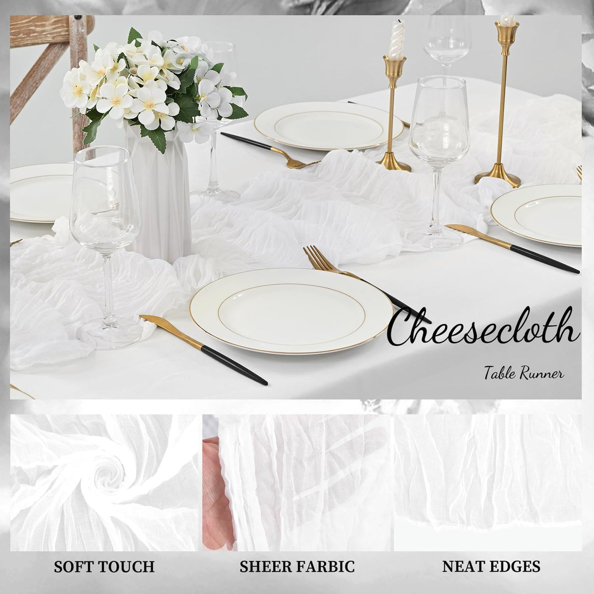 10FT 12 Pack White Cheesecloth Table Runner 20 x 120 Inch Long Rustic Gauze Cheese Cloth Table Runner for Wedding Bridal Baby Shower Table Decorations Boho Fabric Sheer Birthday Party Table Decor