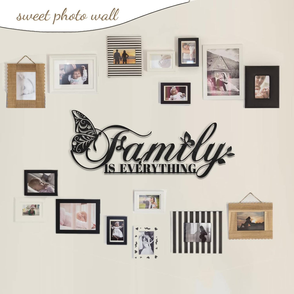 Family Signs Metal Wall Decor, Oppro Family Is Everything Word Sign with Butterfly for Home Decor, Black Art Plaque Letters for Living Room, Dining Room Bedroom Housewarming Mother's Day Father's Day Gift , 17”x6.3”