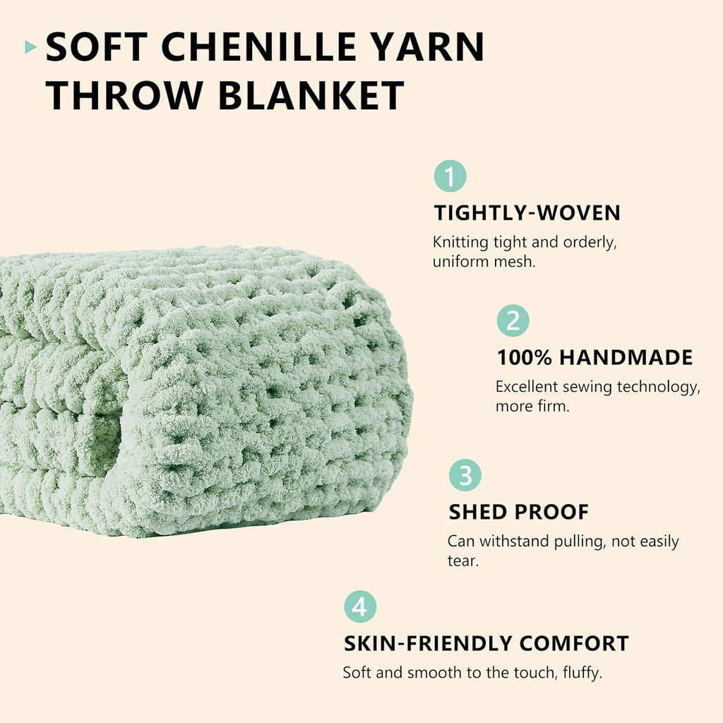 L'AGRATY Chunky Knit Blanket Throw: 50''x60'' Chenille Chunky Knitted Throw Blanket for Bed Couch - Handmade Thick Big Cable Knit Blanket - Large Crochet Rope Blanket for Home Decor(Milky Green)