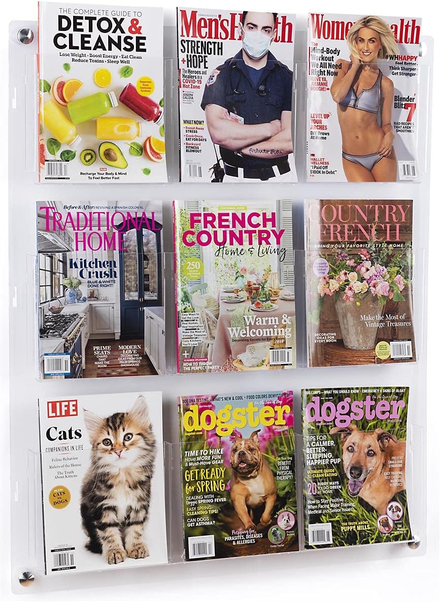 Displays2go 3-Tiered Clear Acrylic Magazine Rack, Adjustable, 9-18 Pockets - Clear (2RP9CLR)