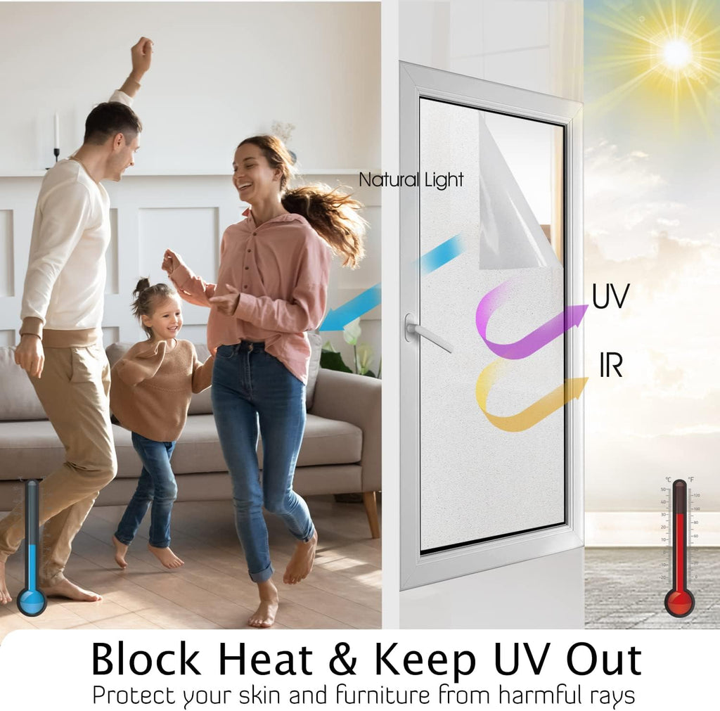 HIDBEA Frosted Window Privacy Film Heat Control UV Blocking, Static Cling Non-Adhesive Reusable Door coverings for Bathroom Home Office (Frosted 17.3 Inch x 13.1 Feet)