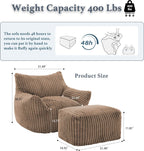 Oversized Bean Bag Chaise Lounge Chair Indoor for Adults with Armrests & Ottoman - Giant Comfy Khaki Beanbag Floor Sofa Cloud Accent Chair for Reading, Gaming, Cozy Plush Cloud Mini Couch