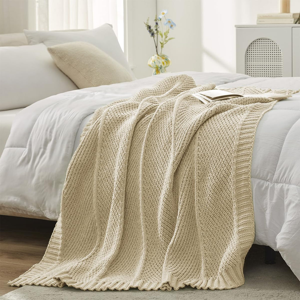 Amélie Home Chenille Knit Throw Blanket for Couch, Chevron Texture Decorative Soft Blanket for Sofa, Bed & Chair, 60"x80", Beige