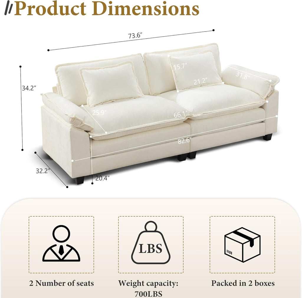 URRED Modular Sectional Sofa Comfy Cloud Couch, Modern Chenille Sofa Sleeper Deep Seat Couches with Ottoman/Pillows for Living Room (White, 82.6'')