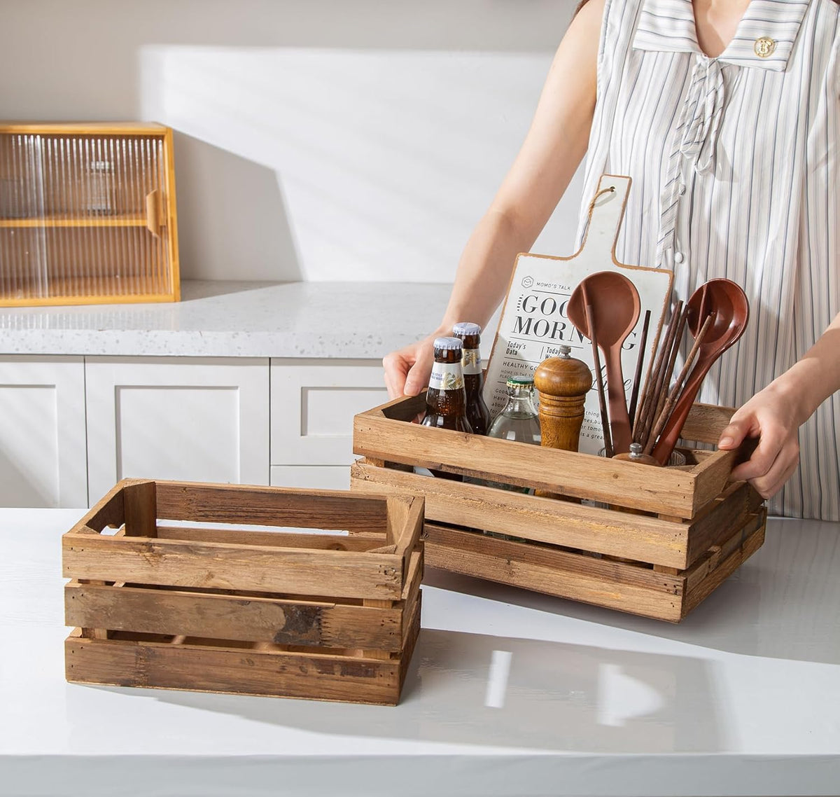 Set of 3 Nesting Wooden Crates, Rustic Wooden Storage Container Boxes with Cutout Handles, Decorative Farmhouse Wood Baskets for Display (Natural)