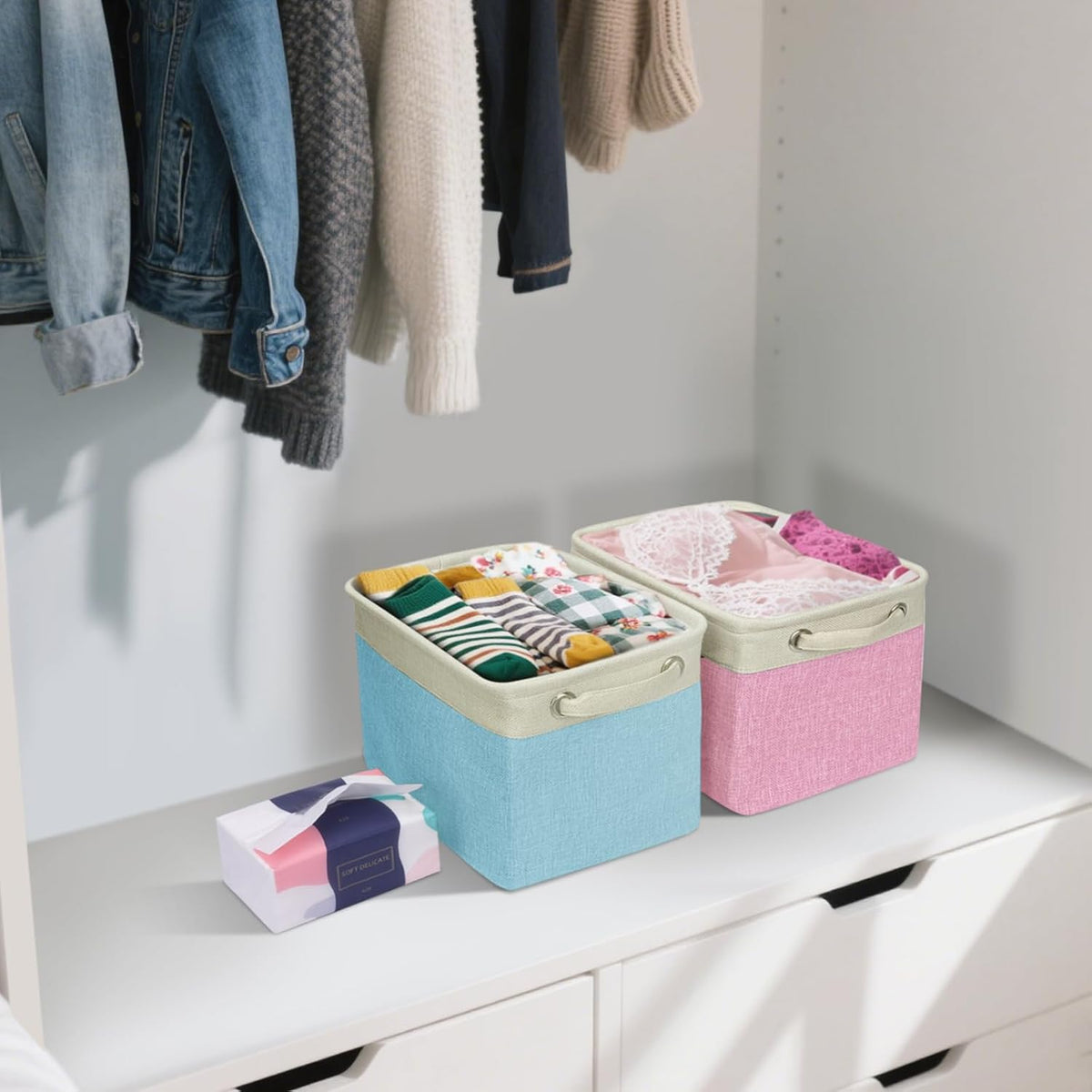 BALEINE 3 Pack Fabric Storage Bins for Shelves, Linen Storage Baskets for Organizing, Decorative Closet Bins for Clothes, Home (Navy Blue, 12"x8"x8")