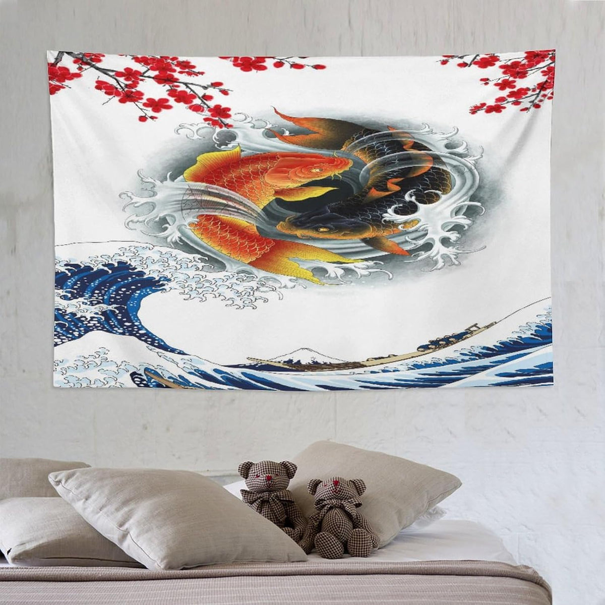 Houselerax Koi Fish Tapestry, Japanese Style Yin Yang Big Wave Cherry Blossoms Tapestries Wall Hanging for Bedroom Living Room Office Decor 90"x60"