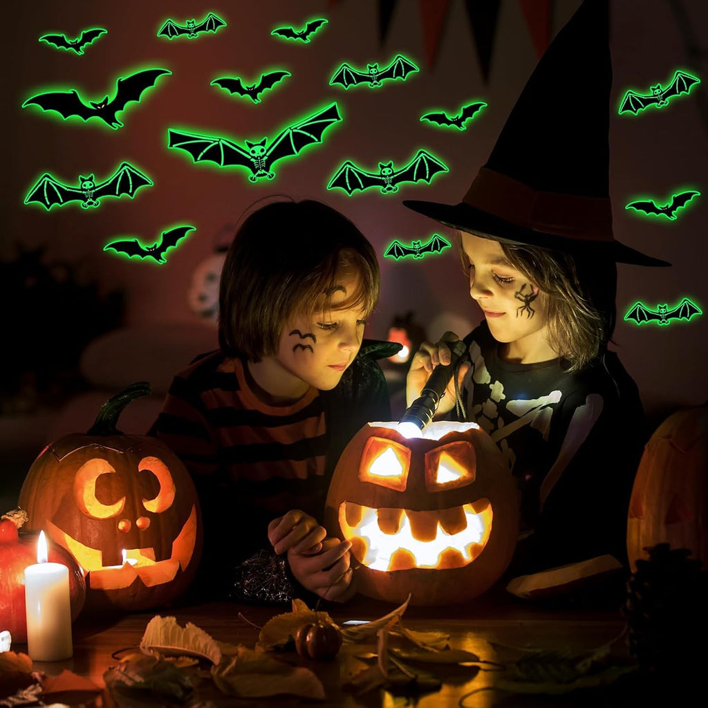 3 Sheets Glow in The Dark Halloween Skeleton Bat Decals Luminous Halloween Skeleton Bat Stickers Removable Bat Wall Decor Glowing Window Clings for Scary Halloween Theme Party Decorations