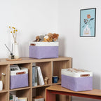 DULLEMELO Storage Baskets for Organizing, Shelves,Bedroom, Decorative Storage Bins with Leather Handles, Fabric Storage Basket for Office, Toys(3-Pack, White&Purple)