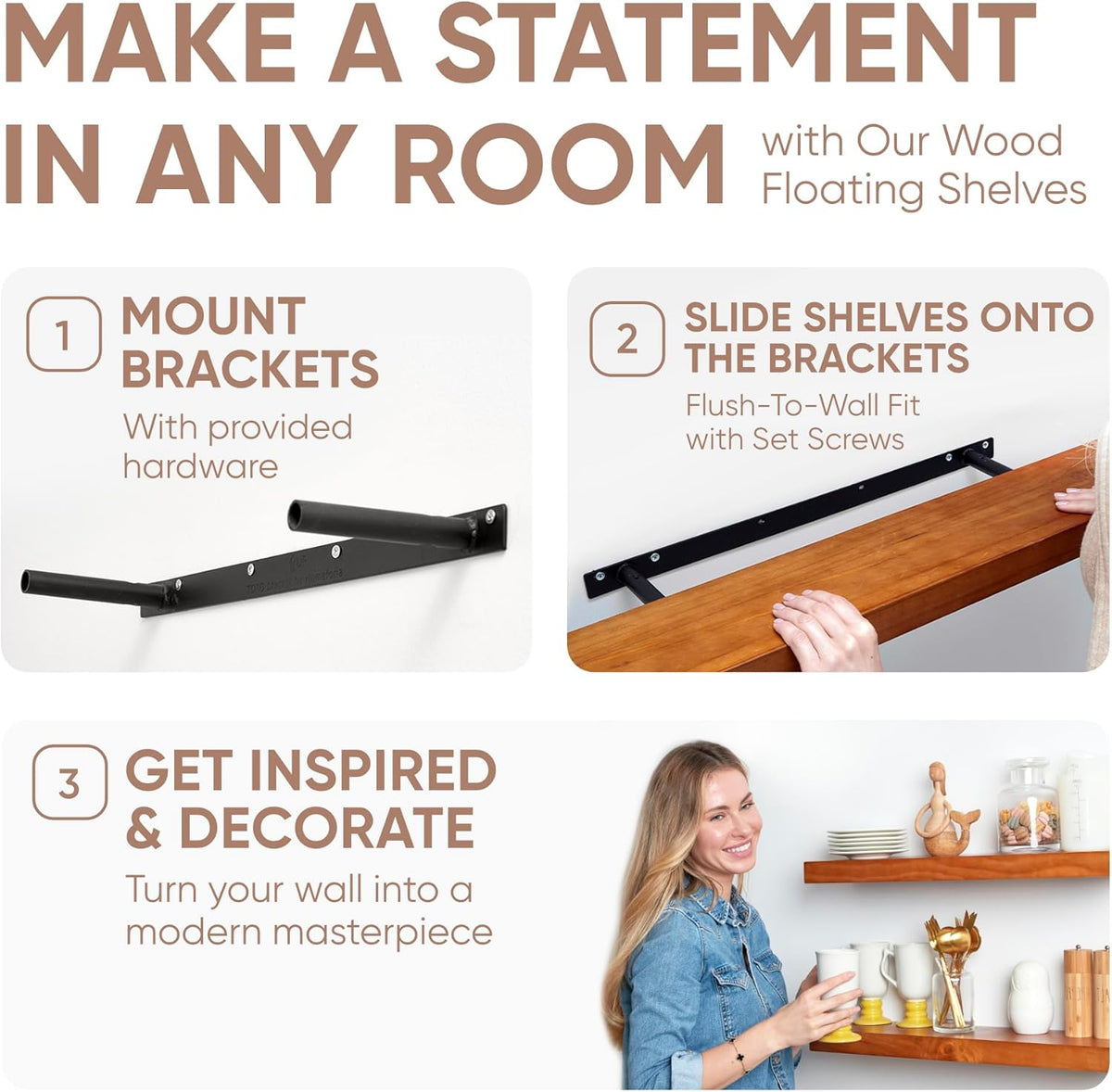 Homeforia 48 inch Oak Floating Shelf, High End Solid Real Wood 48inch Floating Shelves for Wall Mounted, Honey Oak Wooden 48in Large Floating Shelves, Heavy Duty Bracket, 48 X 6.5 X 1.75 in, Set of 2