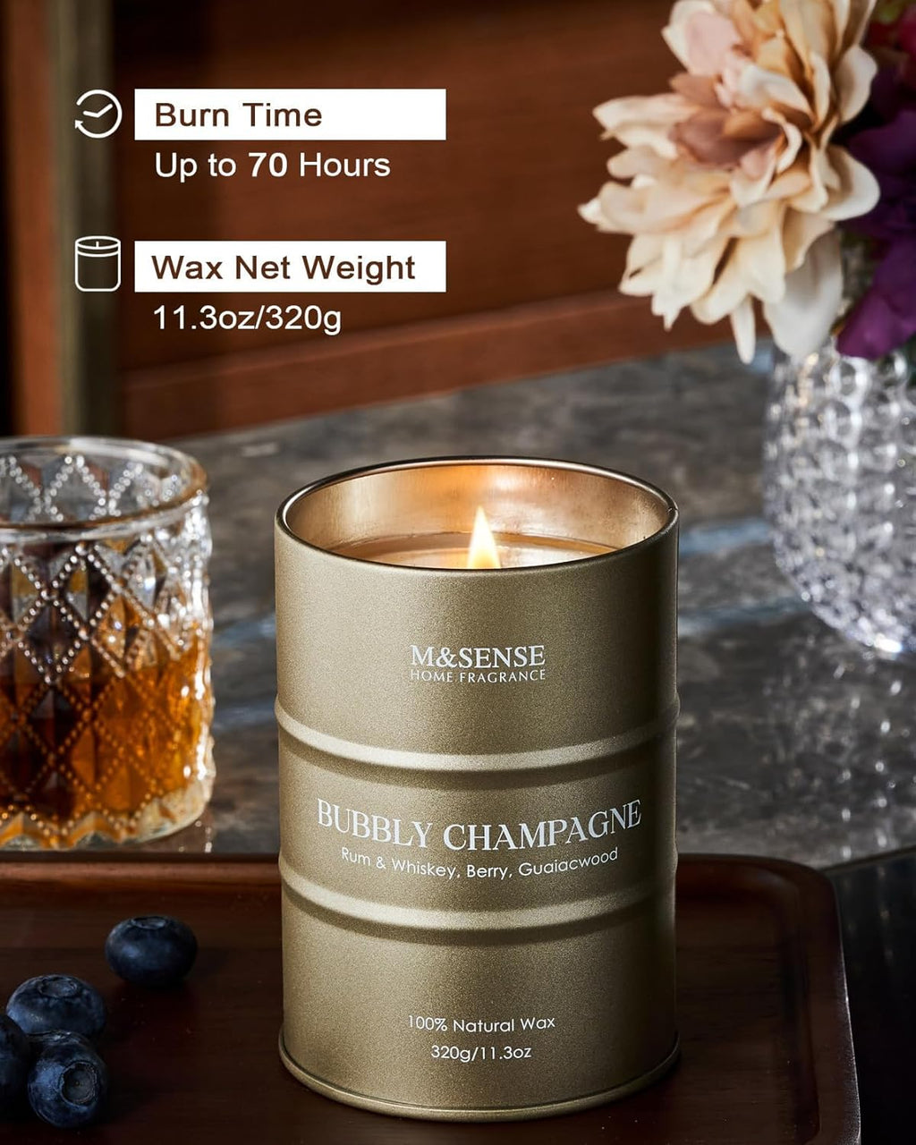 M&SENSE Bubbly Champagne Scented Candles - Home & Gift, Natural Soy, 70 Hour Burn Time, 11.3 oz