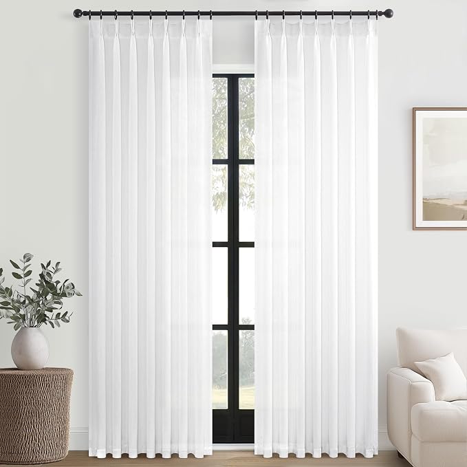 Topfinel Beige White Pinch Pleated Semi Sheer Curtains Textured Linen Blended - Image 9