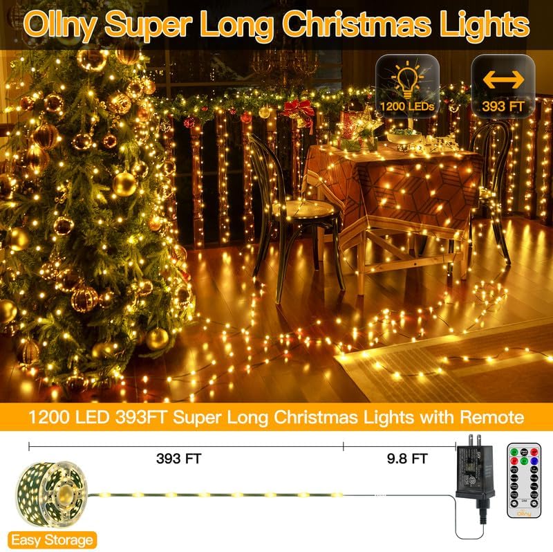 Ollny Christmas Lights Outdoor, 393FT 1200 LED IP67 Waterproof Christmas Tree Lights with 8 Modes Remote Timer, String Lights for House Yard Outside Indoor Xmas Decorations Warm White