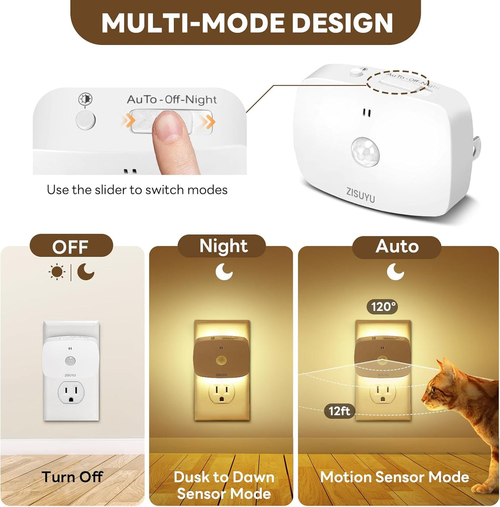 ZISUYU Plug-in LED Backlit Night Light with Motion Sensor & Dusk to Dawn Sensor, 10-60lm Dimmable Nightlight with Multi-Mode & Color-Changing, Ideal for Bedroom, Bathroom, Stairs, Hallway (6 Pack)