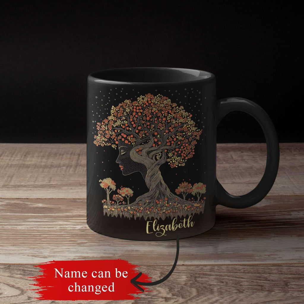 Custom Name Coffee Mug 11oz 15oz, Unique Nature Inspired Coffee Cup for Women, Personalized Vibrant Nature Themed Black Cup, Artistic Tree Ceramic Mug, Gifts for Women's Day