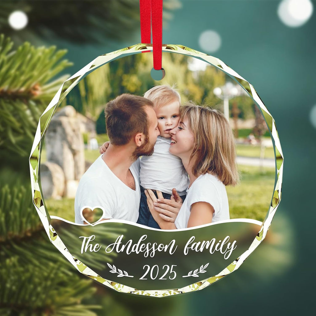 Personalized Christmas Ornaments 2025 with Photo & Text - Customized Crystal Glass Christmas Tree Decor Gifts for Family, Couples, Pets, Baby’s First Xmas – 6 Heart/Round Designs