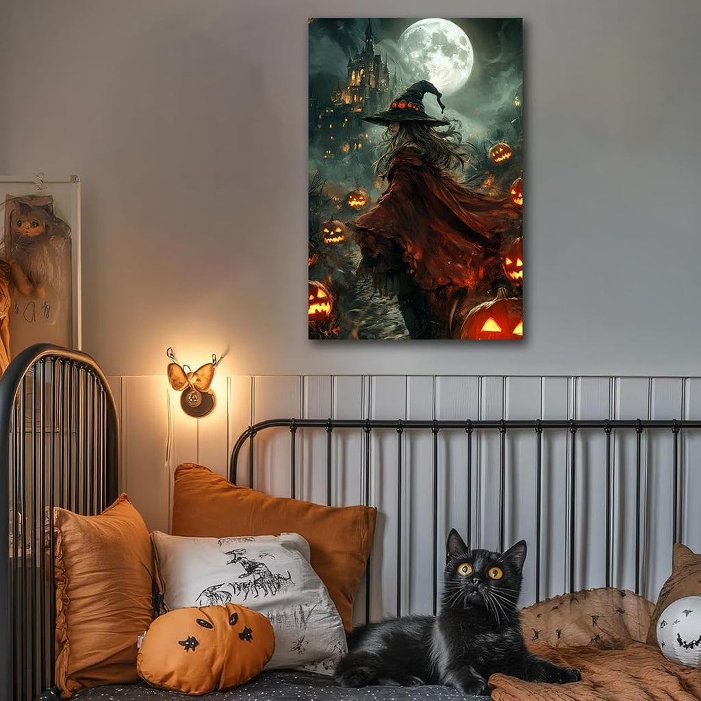 Dark and Moody Gothic Witch Poster Wall Art,Vintage Rustic Witch in Cloak with Castle Pumpkin Road Dark Gothic Poster,Goth Spooky Season Halloween Prints for Fantasy Office,12"x18" Framed