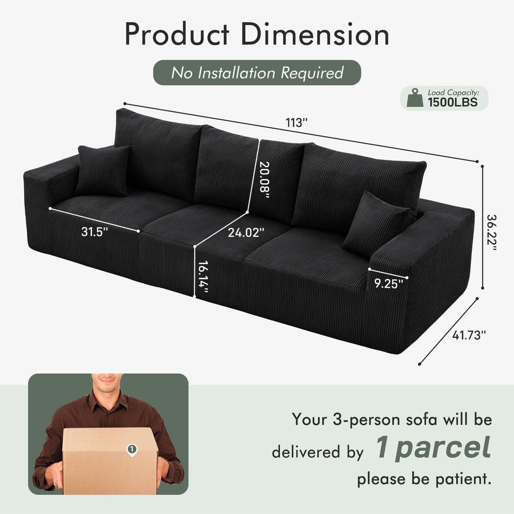 Boneless Cloud Couch Sofa for Living Room, 112" 3 Seater Black Modern Lounge Sleeper Couch, No Assemble, Cordury Compression Upholstered Couches