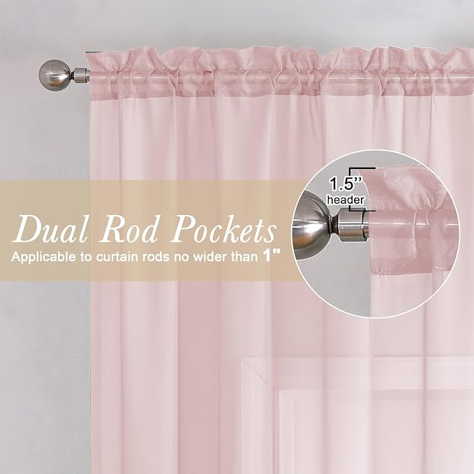 Blush Pink Sheer Curtains for Bedroom 90 Inches Long 2 Pcs, Rod Pockets Window - Image 6