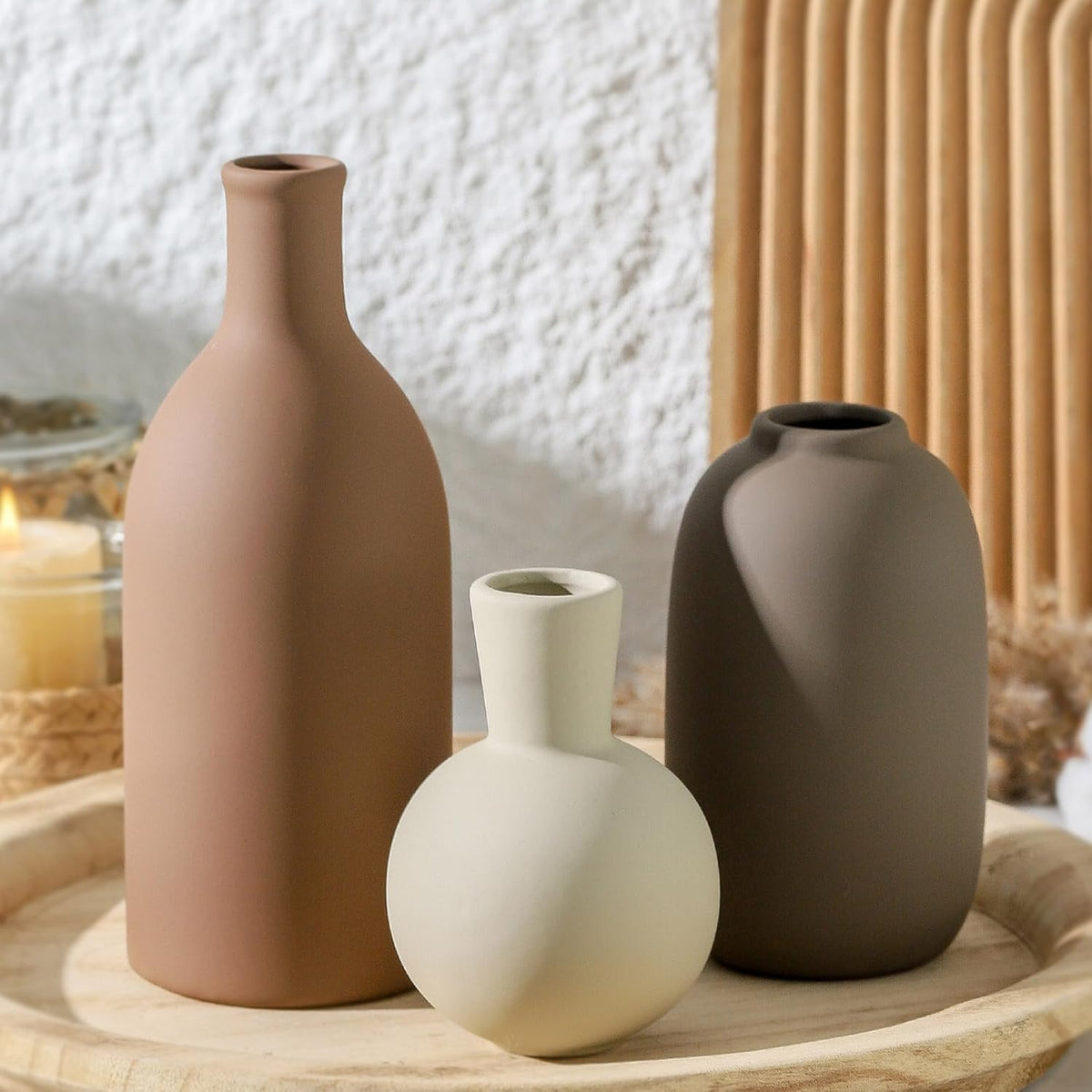 Ceramic Vases Set of 3, Modern Neutral Rustic Farmhouse Home Decor Pottery Pampas Decoration for Living Room, Table, Bathroom, Bedroom, Entryway - Brown