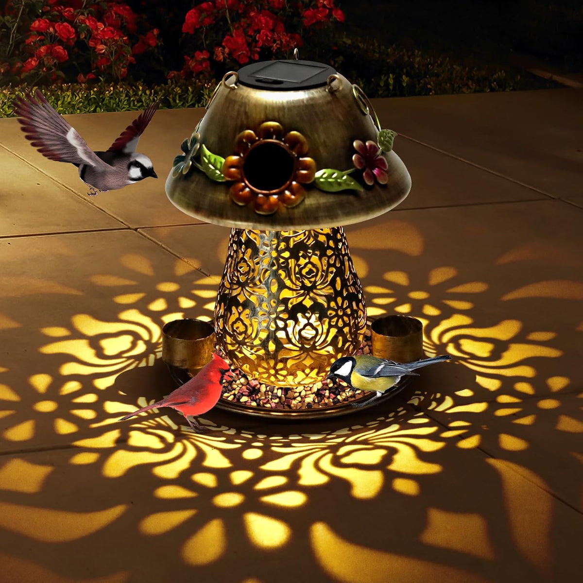 Mushroom Solar Bird Feeders for Outdoors Hanging Metal Wild Bird Feeder Garden Lantern with S Hook for Garden Decoration Brown